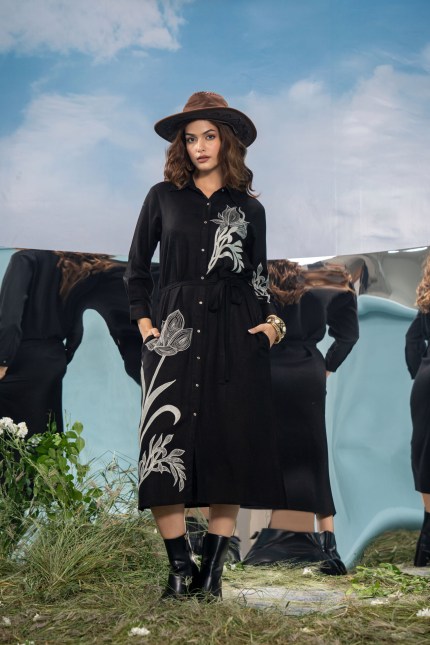 Shadow Lily Embroidered Midi Shirt Dress