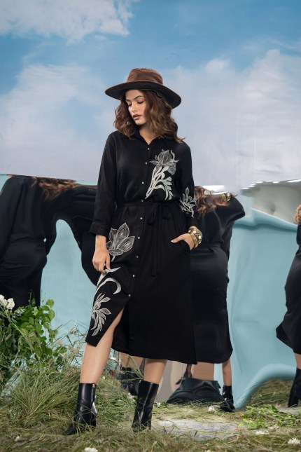 Shadow Lily Embroidered Midi Shirt Dress