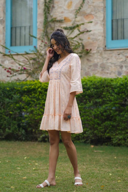 Peach Blossom Embroidered Flared Dress