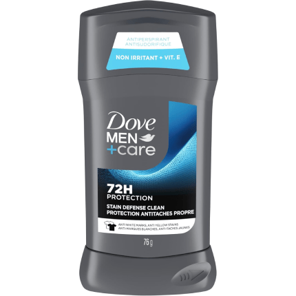 Dove Men+Care Antiperspirant Stick, Stain Defense Clean, Anti-White Marks, for 72-hour Sweat and Odour Protection, 76g