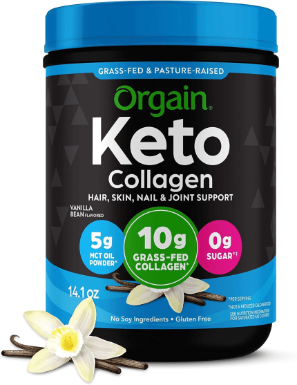 Orgain Keto Collagen Protein Powder, Vanilla - 10g Grass Fed Hydrolyzed Collagen Peptides for Women & Men, Type I & III, 5g MCT Oil - Hair, Skin, Nail, & Joint Support, Non-GMO, Gluten Free